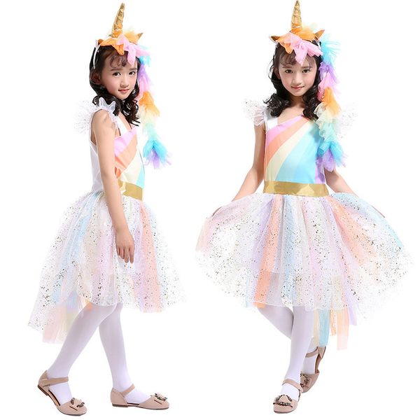 Baby Girls Rainbow платье детей кружева TUTU Princess платья костюмы с 1 повязкой + 1 золотые крылья дети косплей одежда C4121