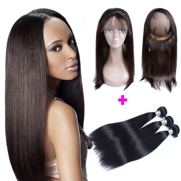 

9a pre plucked brazilian straight hair weaves with 360 lace band frontal virgin human hair with bady hair 4pcs/lot, Black;brown