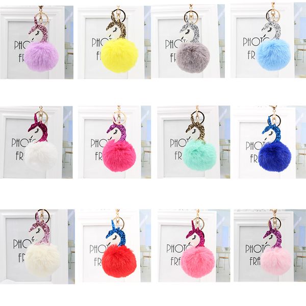 

unicorn pompom keychain cute rabbit fur ball fluffy licorne key chain horse porte clef pompom de fourrure pompom bag car keyring 12 color, Silver