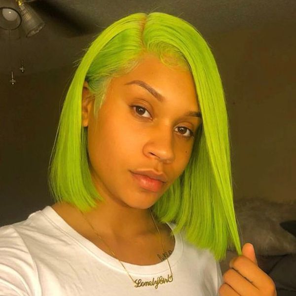 Pre Colored Peruvian Short Bob Full Lace Human Hair Wigs For Black Women Cheap Fluorescent Green Lace Front Wigs With Baby Hair 130 Density Virgin