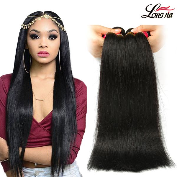 

longjia бразильские прямые волосы 3/4 пучки человеческих волос расширения двойной уток реми прямые волосы ткать пучки 8"-28"естественный цве, Black