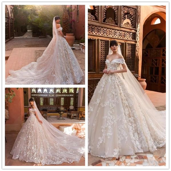 

a-line свадебные платья милая с плеча 3d аппликация развертки поезд тюль vestios de novia vintage роскошные свадебные платья свадебное плать, White