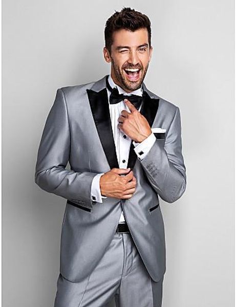 

fashion silver grey groom tuxedos peak lapel one button men wedding suit men business prom dinner blazer(jacket+pants+tie)1191, Black;gray