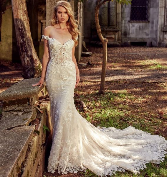 

gorgeous lace mermaid wedding dresses with detachable train off the shoulder backless bridal gowns beaded trumpet vestido de novia, White