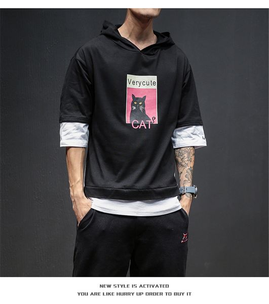 

2018 мода с капюшоном майка мужчины новое лето лоскутное печати с коротким рукавом мужская футболки повседневная slim fit хип-хоп топ тройни, White;black