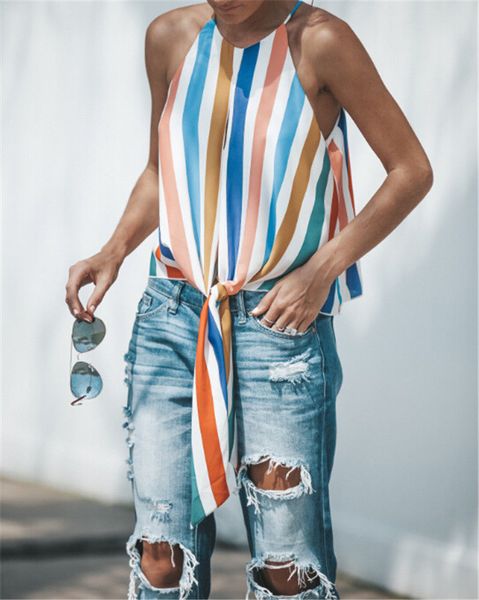 

tank 2018 new brand women sleeveless crop backless summer casual striped vest halter tank, White
