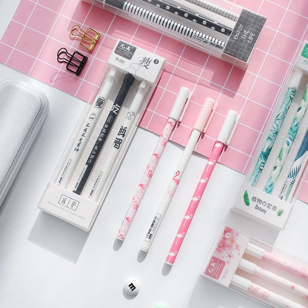 

3pcs /set green plants sakura flamingo gel pen rollerball pen stationery school office supply black ink 0.5mm