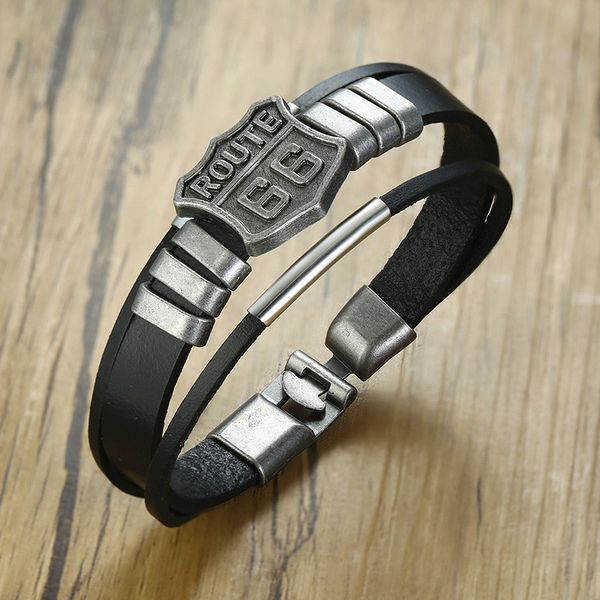 

men's triple leather bracelet with route 66 60s road sign motorcycle biker rider black bangle male jewelry, White