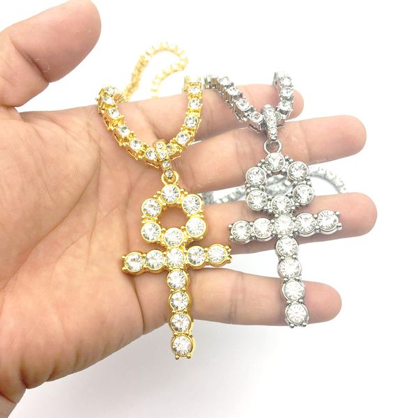 

hip hop cross pendant necklace for men jewelry with gold white gold plated tennis chain necklace jewelry, Silver