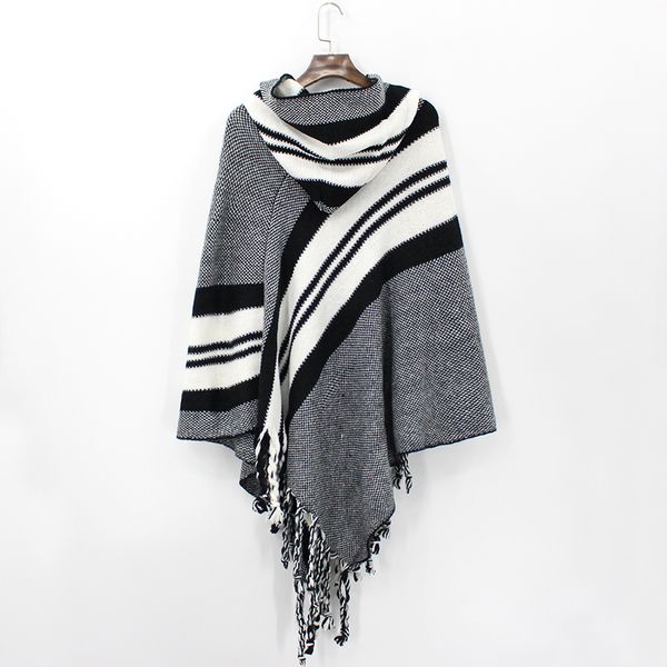 

2018 women plaid sweaters winter shawl women knitted wool tassel cloak batwing sleeve plus size hood coat casual cardigan, White;black