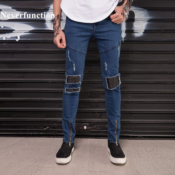 

men biker jeans fashion ripped pu leather patchwork ankle zipper hip hop skinny distressed denim pants streetwear mens trousers, Blue