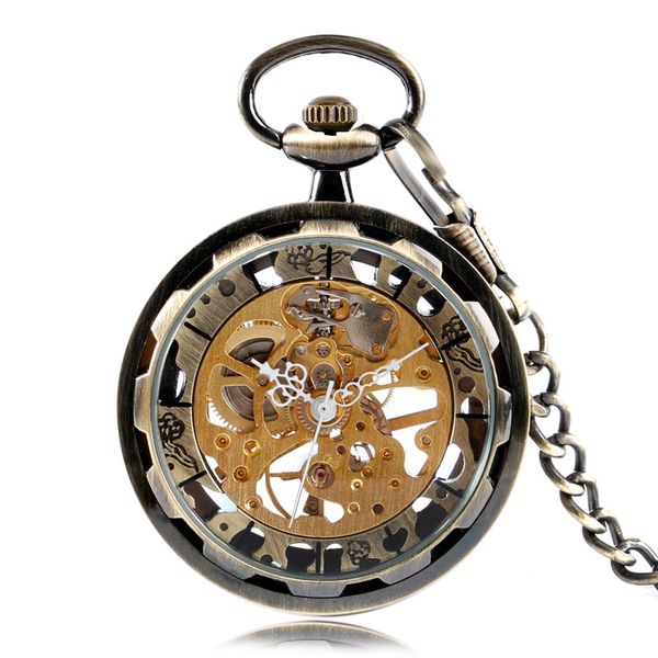 

vintage bronze skeleton gear gold dial luxury mechanical hand wind pocket watch analog steampunk fob clock gift, Slivery;golden
