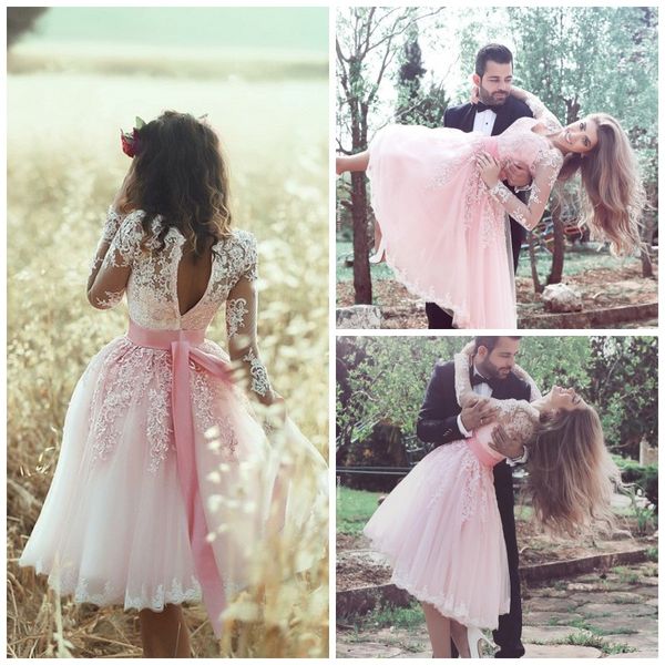 

2018 plus size short pink lace long sleeves dress elegant bridesmaids dresses junior bridesmaid dresses, White;pink