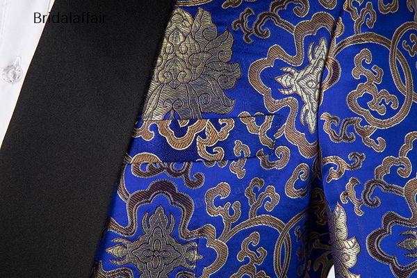 Gwenhwyfar Neue Design Nach Maß Bräutigam Smoking Royal Blue Floral Bedruckte Männer Anzug Set Für Hochzeit Prom Herren Anzüge 2 stücke Jacke Pan292a