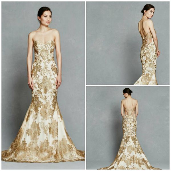 

2018 kelly faetanini wedding dresses fancy golden applique sweetheart neck sweep train bridal gowns backless mermaid wedding dress, White