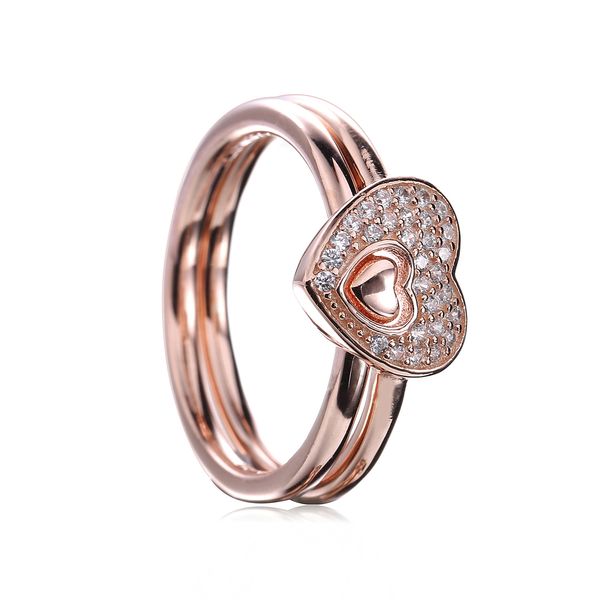 

18CT Rose Gold Plated Over 925 Sterling Silver Shimmering Puzzle Heart Ring Fit Pandora Charm Jewelry Engagement Wedding Lovers Fashion Ring
