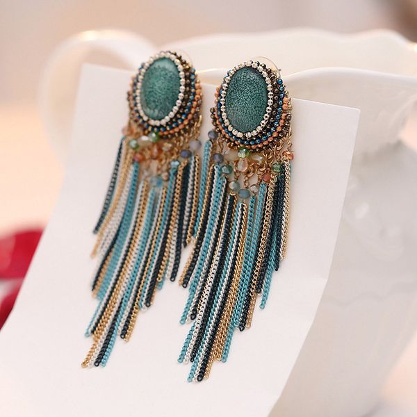 

exquisite bohemian colorful tassel earrings luxury metal chain vintage crystal long earrings for women drop earring jewelry, Silver
