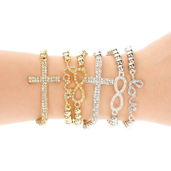 

classic love cross infinity charm bracelets women fashion style gold rhinestone love bangle cuff bracelet love elasticity bracelet kka1904, Golden;silver