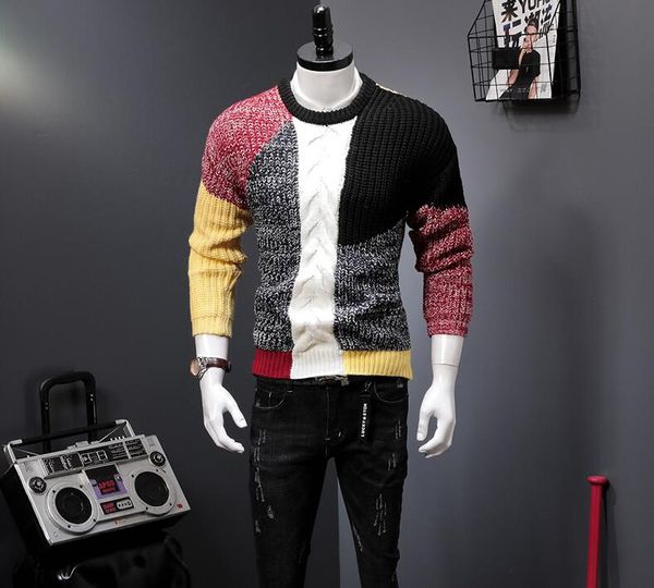 

european station autumn and winter men's long sleeves knitted twisted pullover sweater male's patchwork colors slim sweater, White;black