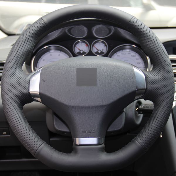 

black leather hand-stitched car steering wheel cover for 2013 peugeot 408