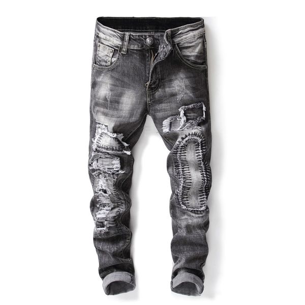 

2018 mens harajuku nostalgia holes spliced denim jeans casual biker slim straight pants men vintage designer distressed jeans, Blue