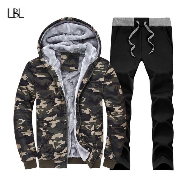 

camouflage tracksuit men warm thick hooded men's set winter inner fleece jacket male tow pieces brand clothes chandal hombre new, Gray