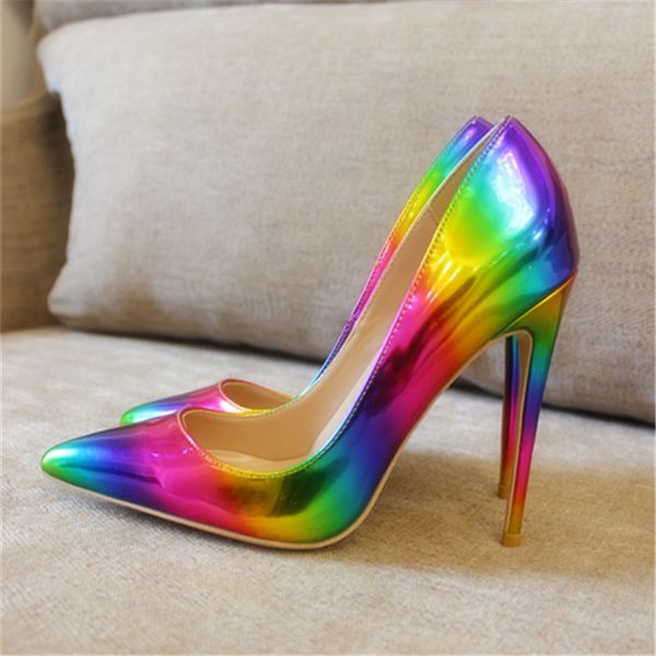 

fashion women pumps rainbow patent leather studded spikes rivets point toe high heels thin heel 12cm 10cm 8cm real leather, Black