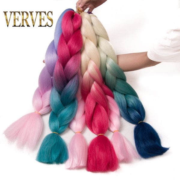 

verves braiding hair 1 piece 24 inch jumbo braids 100g/piece synthetic ombre kanekalon fiber hair extensions, Black;brown