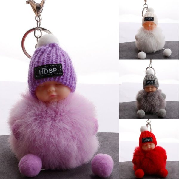 

5 styles cute sleeping baby doll keychain pompom rabbit fur ball key chain car keyring women key holder bag pendant keyfob hl h605q, Slivery;golden
