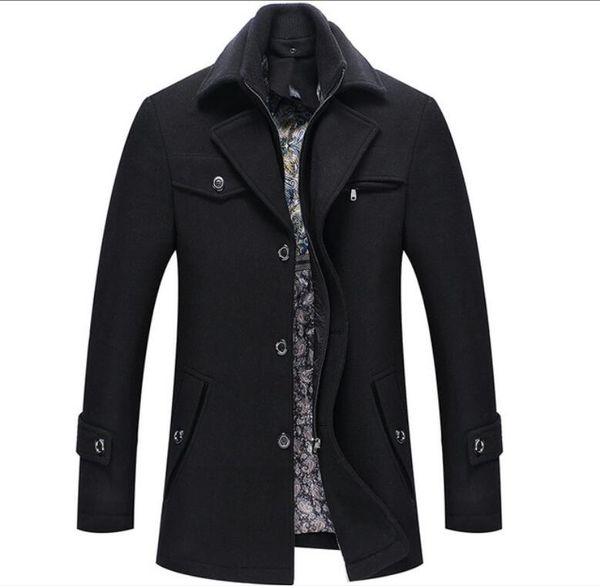 

new men's winter padded wool jackets coats removable quilted lining button wool blends pea coat thick padded jacket coat men, Black