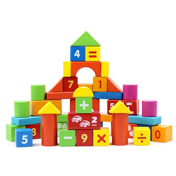 

50 Pieces colorful wood building digital blocks child educational kids wooden bricks Basic stacking toys Factory Price Sale Free Ship