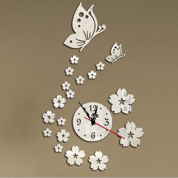 

modern diy butterfly flower wall clock sticker 3d mirror surface art stickers decal bedroom home decor tb sale