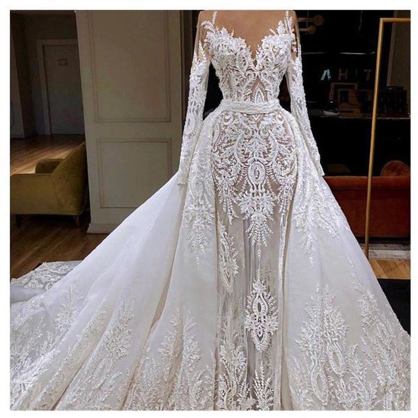 

stunning mermaid beach wedding dresses with overskirt v-neck lace applique long sleeve wedding gown glamorous see through wedding dress, White