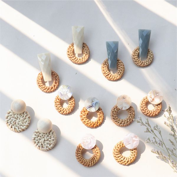 

qumorain korea handmade irregular acrylic stone wooden big hollow out round circle rattan straw weave drop earrings for women, Silver