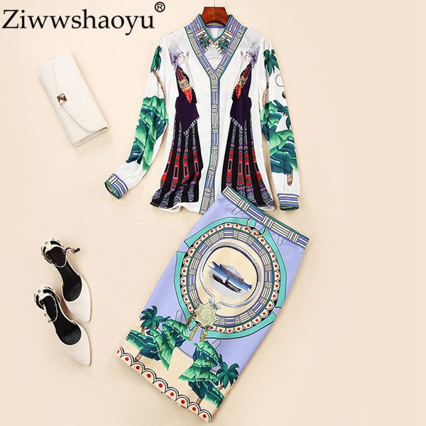 

ziwwshaoyunew 2018 autumn european and american lapel beads collar long sleeved shirt + retro slim hip skirt set, White