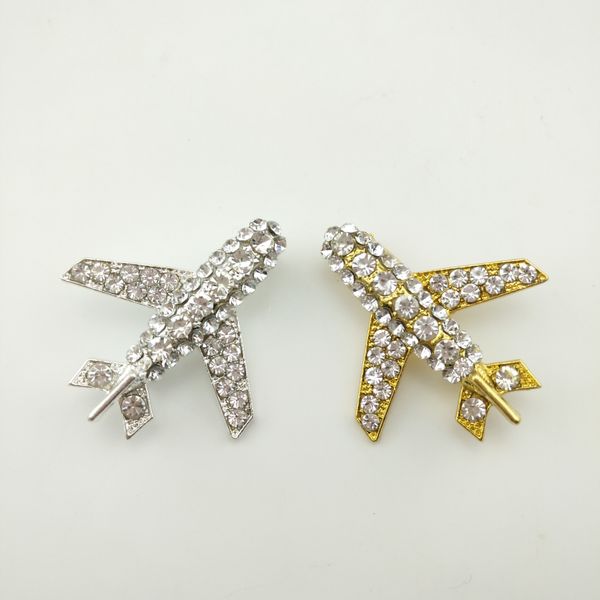

fashion clear crystal airplane hostess brooch pin for men new 40mm silver/gold rhinestone plane brooches, Gray