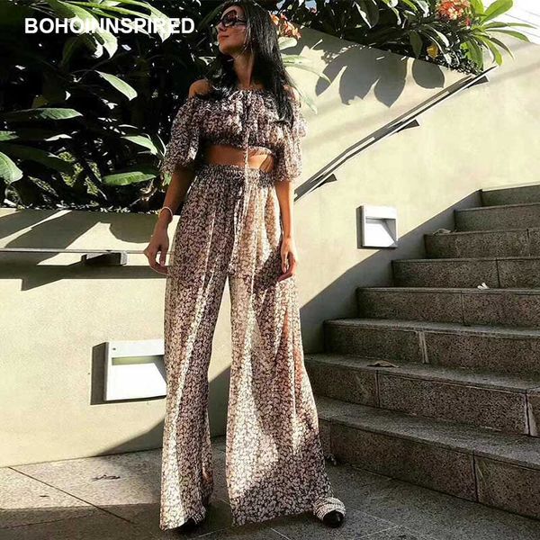

boho inspired silk blend floral print two piece set summer off shoulder ruffles loose elastic waist pants women set, White