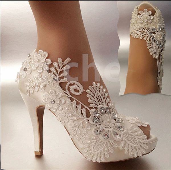 

Handmade Women Fashion ivory Wedding shoes Open Toe heel ballet lace diamond Bridal Bridesmaid shoes size 35-42