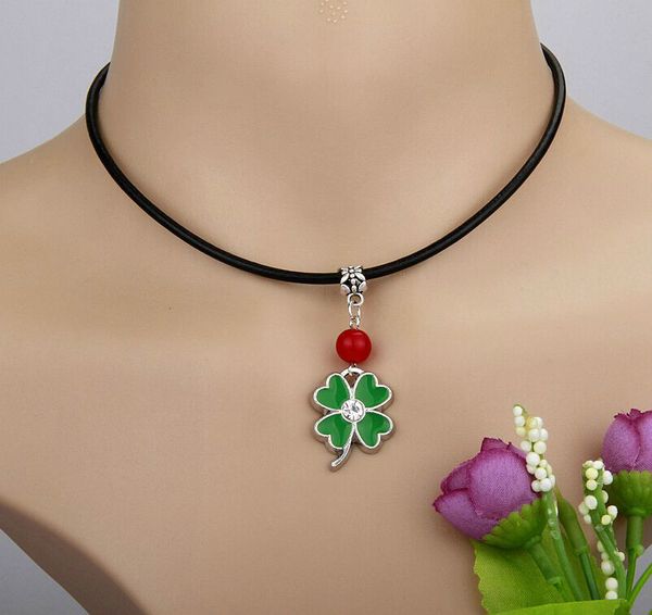 

горячие продажи 10 шт. сплава цинка глазурь прекрасный cloverglass очарование из бисера черный кожаный веревка подвески ожерелье ювелирные и, Silver