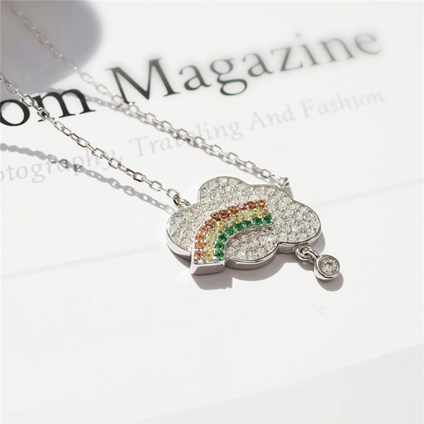 

new 925 sterling silver rainbow clouds necklace simple clavicle cross chain micro-mosaic full diamond pendants necklace jewelry