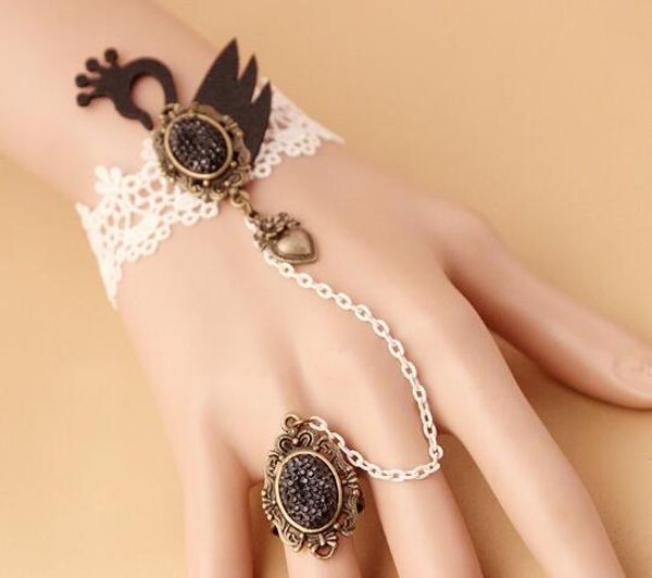 Estilo quente Retro e original artesanal pulseira de renda de cisne negro com anel integrado cadeia moda clássico delicado elegância