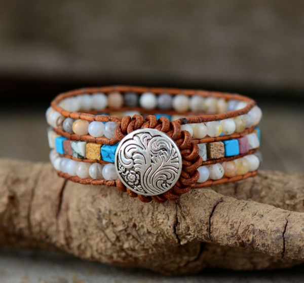 

women boho cuff bracelet unique natural stones leather wrap bracelets wholesale bohemian woven bead bracelets jewelry dropship, Golden;silver