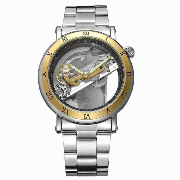 

winner roman scale through bottom belt steel strip simple luxury gift dress fashion casual automatic mechanical watch, Slivery;brown