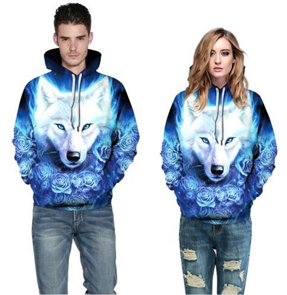 

women/men's athleisure sweater loose sport hooded hoodies blue rose wolf 3d print sweatshirt s-xxxl hoody autumn winter pullover, Black;blue
