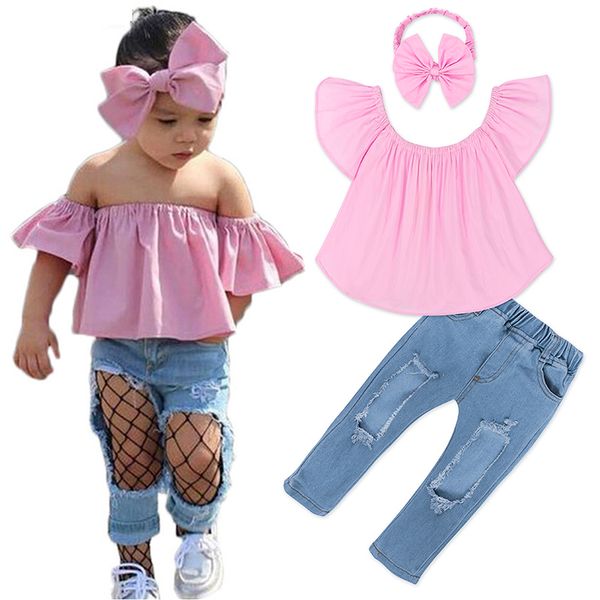 

Morenna new girl fa hion uit ummer pink word houlder t hirt hole denim hort bowknot hairband children 039 clothing et