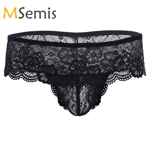 

msemis mens sissy lingerie low-waisted lacework see-through open butt bulge pouch g-string bikini thong stretchy underwear, Black;brown