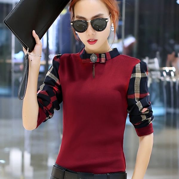 

2017 korean fashion women shirt long sleeved autumn stand collar slim shirt color plaid blouses 99a 30, White