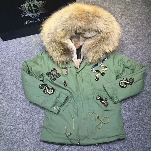 

Meifng 4xl 007 nake bead hort long eu u raccoon fur collar beige parker women totem beaded artificial fur liner green coat