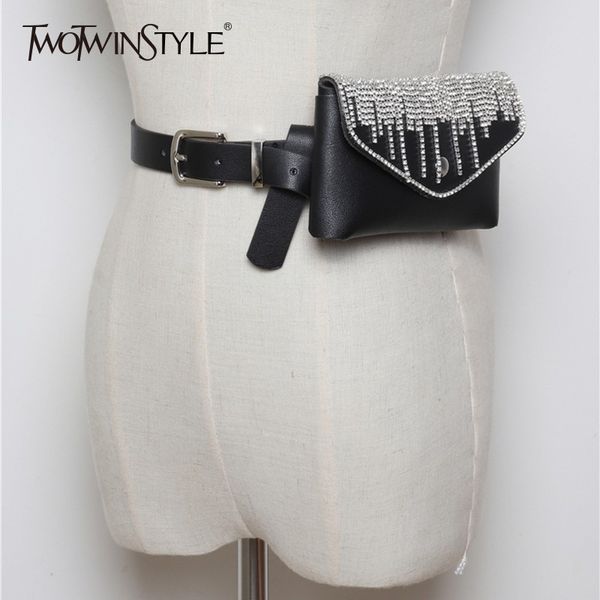 

twotwinstyle pu leather women's belt full diamond tassel decorative detachable belt mini mobile phone bag 2018 fashion tide new, Black;brown