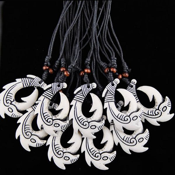 

fashion wholesale 12pcs/lot faux yak bone new zealand tribal maori hei matau fish hook pendants surfer necklace choker gift mn518, Silver